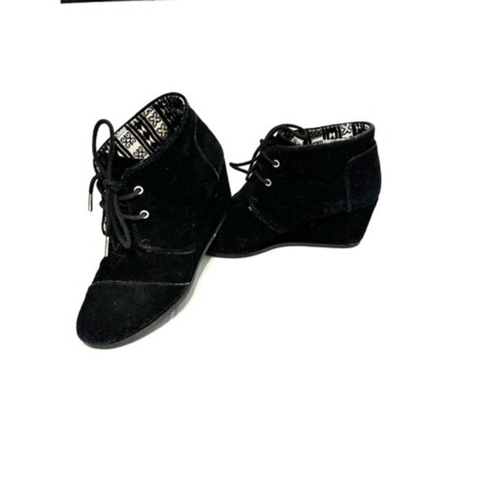 TOMS Womens Black‎ Suede Leather Lace Up Ankle Wedge Booties Size 7 Casual